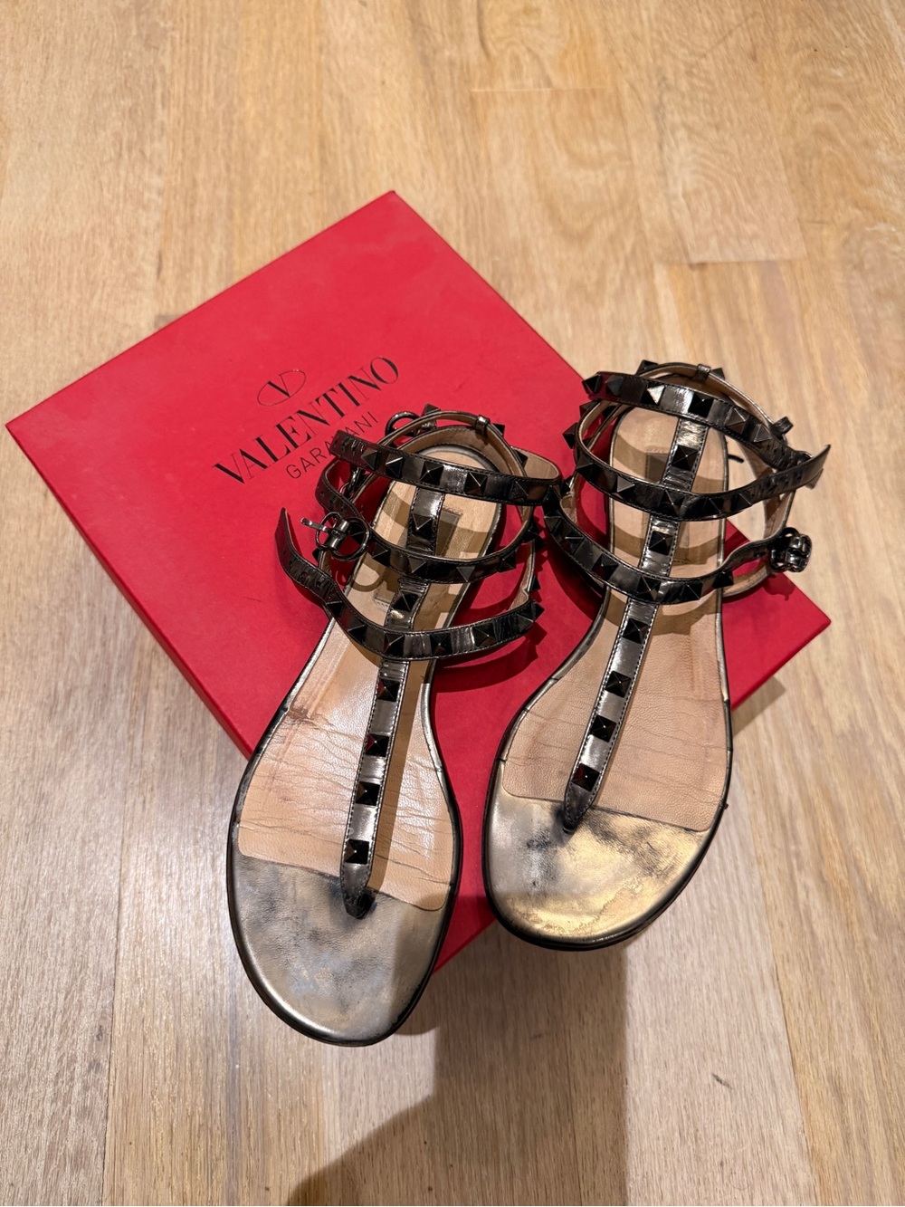 Valentino Black Patent Rockstud T-Strap Gladiator Sandals